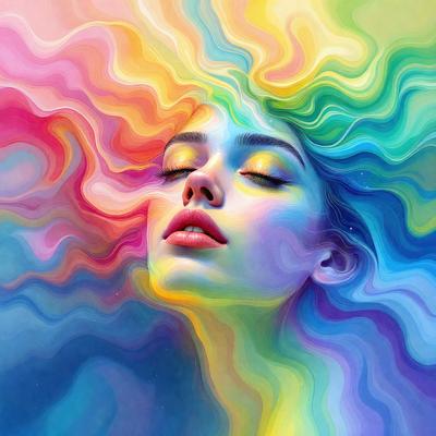 The primary subject of the image is a woman with long hair, who is looking upward. She is surrounded by a vibrant and colorful background, which includes a mix of rainbow colors. The visual style of the image is a combination of digital art and illustration, creating a unique and artistic representation of the woman. The overall atmosphere of the image is lively and energetic, with the woman's gaze and the vivid colors contributing to a sense of wonder and creativity.